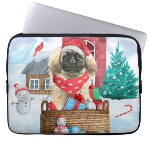 Pekingese hond op sneeuwkerstmis laptop sleeve
