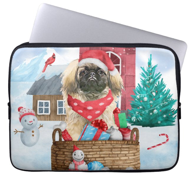 Pekingese hond op sneeuwkerstmis laptop sleeve (Voorkant)