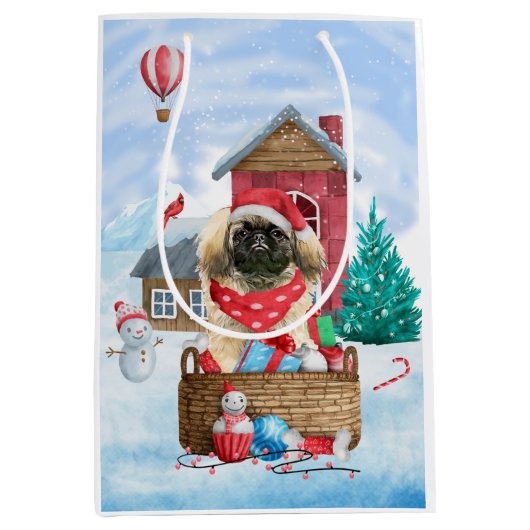 Pekingese hond op sneeuwkerstmis medium cadeauzakje (Voorkant)