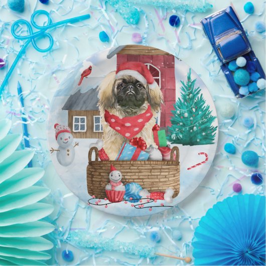Pekingese hond op sneeuwkerstmis papieren bordje (Feest)