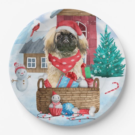 Pekingese hond op sneeuwkerstmis papieren bordje (Voorkant)
