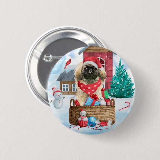 Pekingese hond op sneeuwkerstmis ronde button 5,7 cm (Voorkant /achterkant)