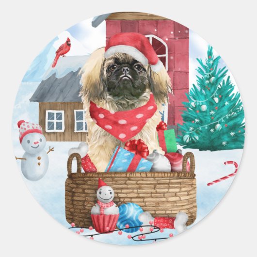 Pekingese hond op sneeuwkerstmis ronde sticker (Voorkant)