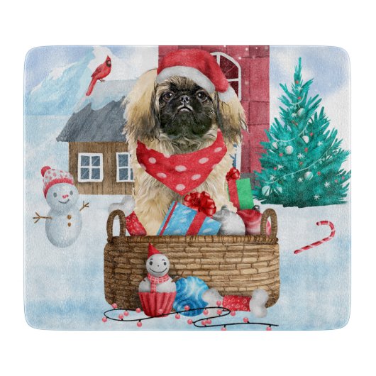 Pekingese hond op sneeuwkerstmis snijplank (Voorkant)
