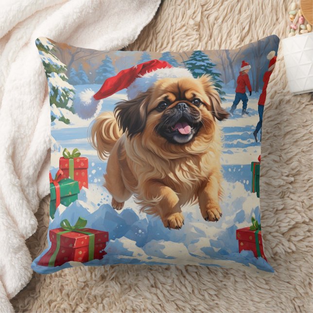 Pekingese hond rent in de sneeuw met kerstmuts kussen (Deken)