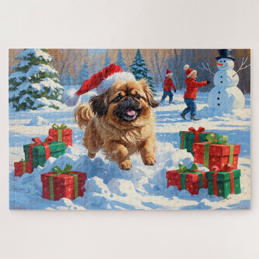 Pekingese hond rent in de sneeuw met kerstmuts legpuzzel (Horizontaal)