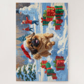 Pekingese hond rent in de sneeuw met kerstmuts legpuzzel (Verticaal)