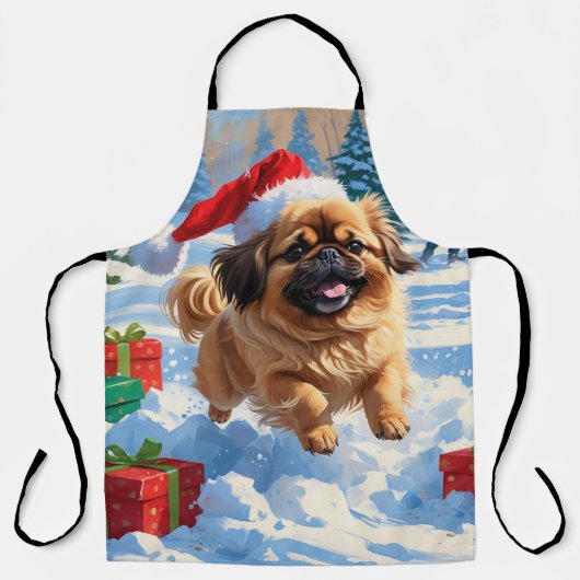 Pekingese hond rent in de sneeuw met kerstmuts schort (Voorkant)