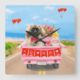 Pekingese Hond Valentijnsdag Vrachtauto Hartjes  Vierkante Klok