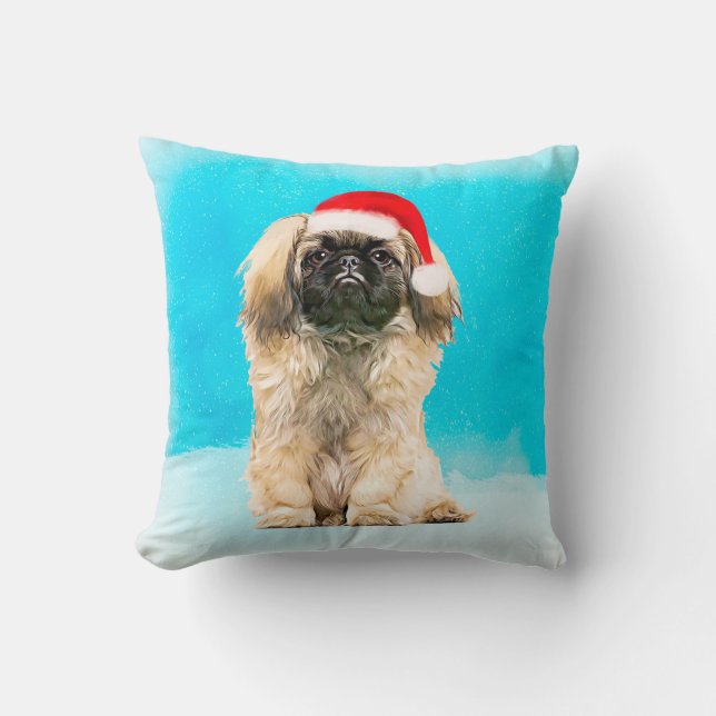 Pekingese Hond Zittend Op Strand Kerst Pet Kussen (Voorkant)