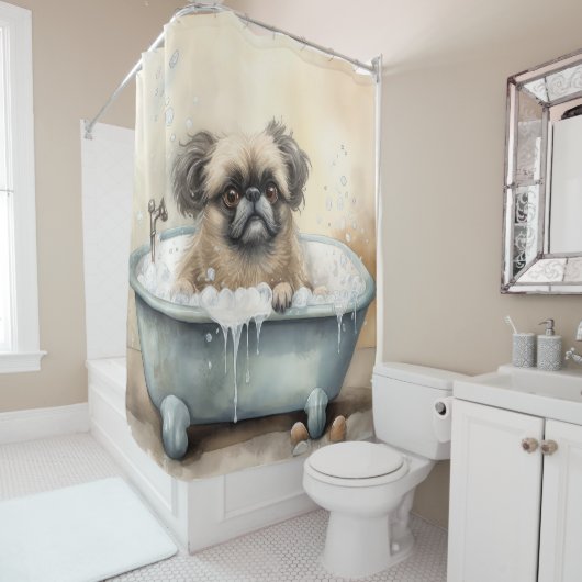 Pekingese in badkuip Waterverf Hondenkunstdouche Douchegordijn (In situ)
