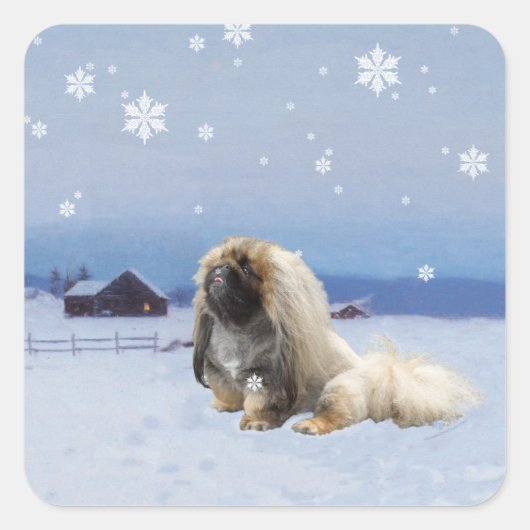 Pekingese in de winter vierkante sticker (Voorkant)