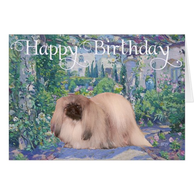 Pekingese in een bloementuin (Voorkant Horizontaal)