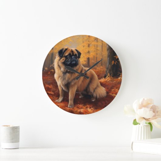 Pekingese in Herfstbladeren Herfst Inspire Grote Klok (Huis)