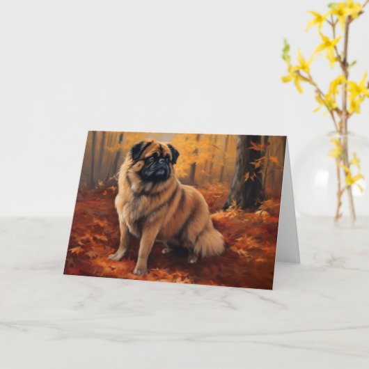 Pekingese in Herfstbladeren Herfst Inspire Kaart (Gele Bloem)