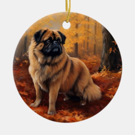 Pekingese in Herfstbladeren Herfst Inspire Keramisch Ornament (Voorkant)