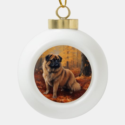 Pekingese in Herfstbladeren Herfst Inspire Keramische Bal Ornament (Voorkant)