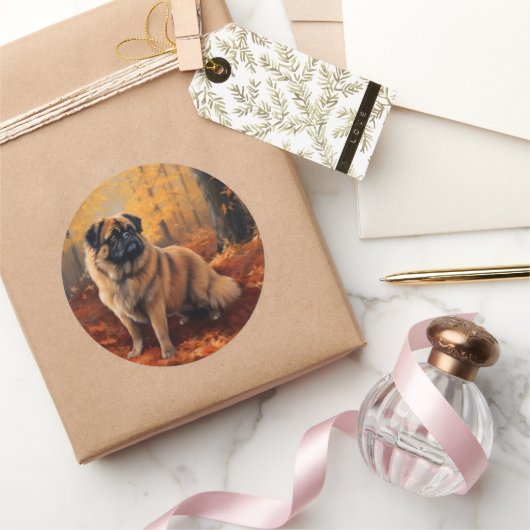 Pekingese in Herfstbladeren Herfst Inspire Ronde Sticker (Geschenken)