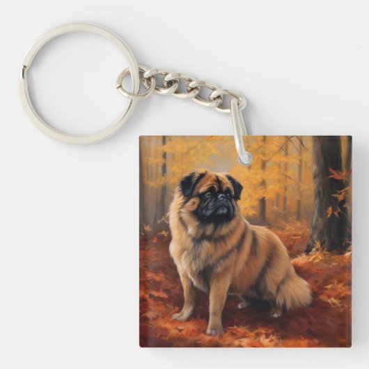 Pekingese in Herfstbladeren Herfst Inspire Sleutelhanger (Voorkant)