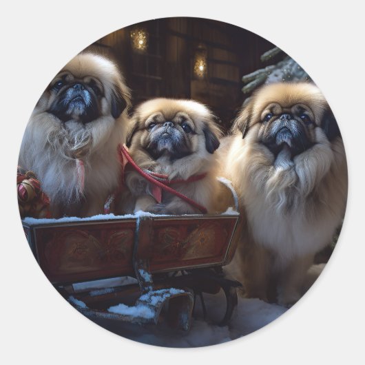 Pekingese Kerstfeest Seizoen Ronde Sticker (Voorkant)