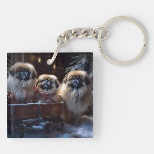 Pekingese Kerstfeest Seizoen Sleutelhanger (Achterkant)