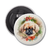 Pekingese kerstkrans feestelijke pup button flesopener (Voorkant)