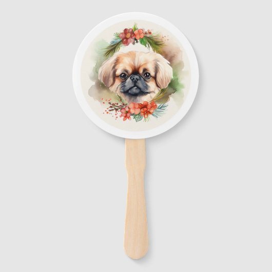 Pekingese kerstkrans feestelijke pup handwaaier (Voorkant)