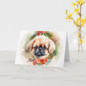 Pekingese kerstkrans feestelijke pup kaart (Gele Bloem)