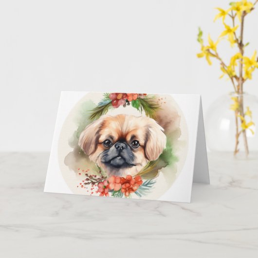 Pekingese kerstkrans feestelijke pup kaart (Gele Bloem)
