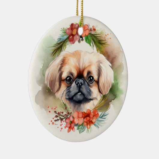 Pekingese kerstkrans feestelijke pup keramisch ornament (Rechts)