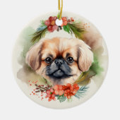 Pekingese kerstkrans feestelijke pup keramisch ornament (Voorkant)