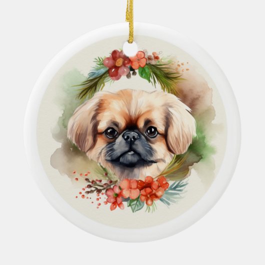Pekingese kerstkrans feestelijke pup keramisch ornament (Achterkant)