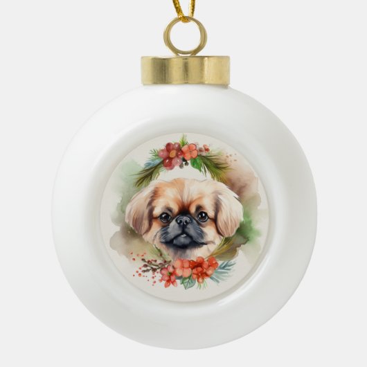 Pekingese kerstkrans feestelijke pup keramische bal ornament (Voorkant)