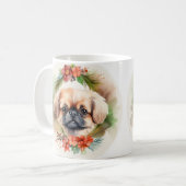 Pekingese kerstkrans feestelijke pup koffiemok (Voorkant links)