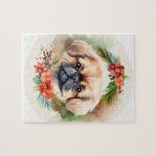 Pekingese kerstkrans feestelijke pup legpuzzel (Horizontaal)