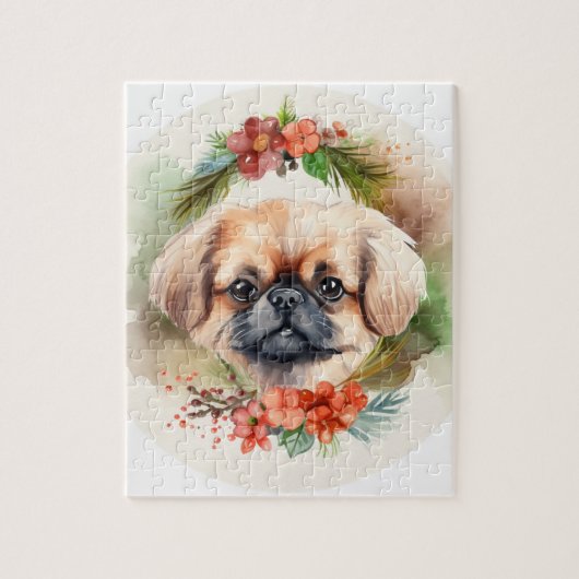 Pekingese kerstkrans feestelijke pup legpuzzel (Verticaal)