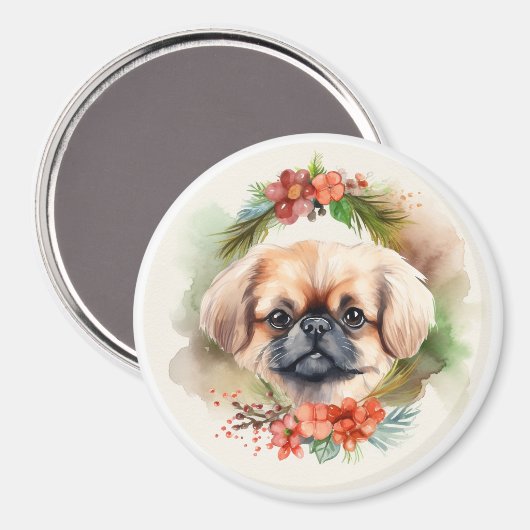 Pekingese kerstkrans feestelijke pup magneet (Voorkant / Achterkant)