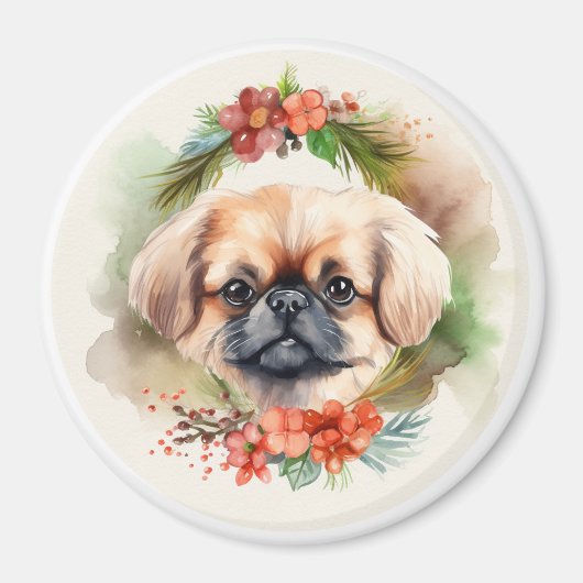 Pekingese kerstkrans feestelijke pup magneet (Voorkant)