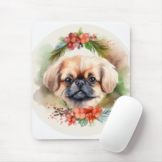 Pekingese kerstkrans feestelijke pup muismat (Met muis)