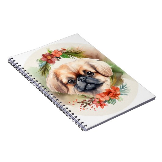 Pekingese kerstkrans feestelijke pup notitieboek (Rechterzijde)