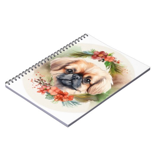 Pekingese kerstkrans feestelijke pup notitieboek (Linkerzijde)