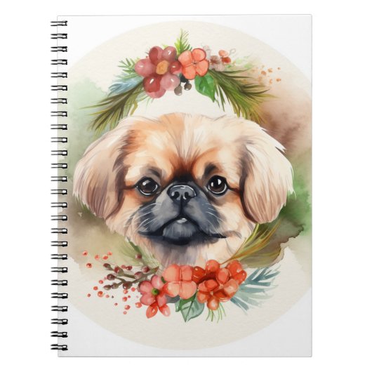 Pekingese kerstkrans feestelijke pup notitieboek (Voorkant)