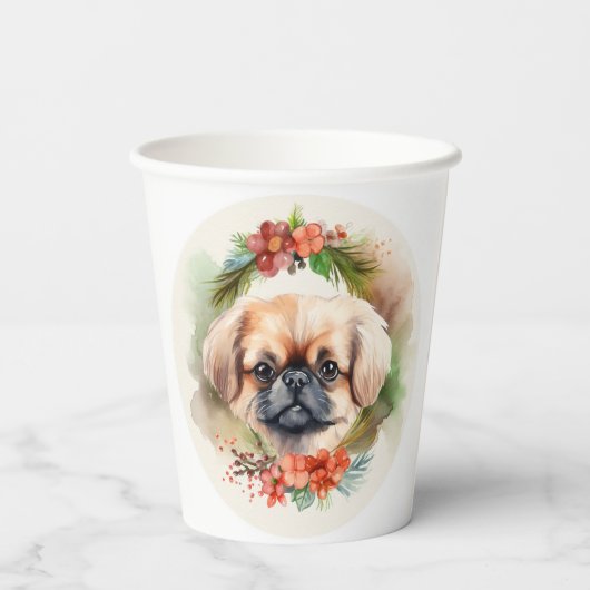 Pekingese kerstkrans feestelijke pup papieren bekers (Achterkant)