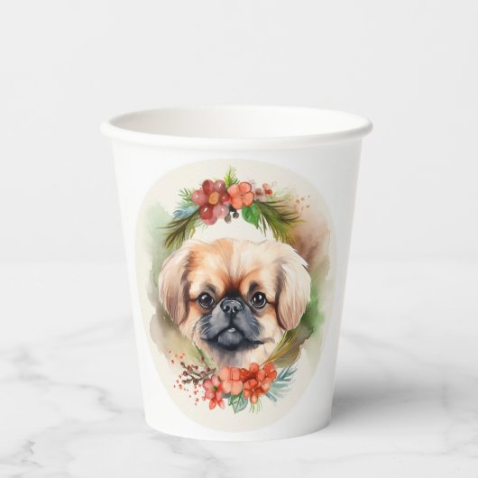 Pekingese kerstkrans feestelijke pup papieren bekers (Voorkant)