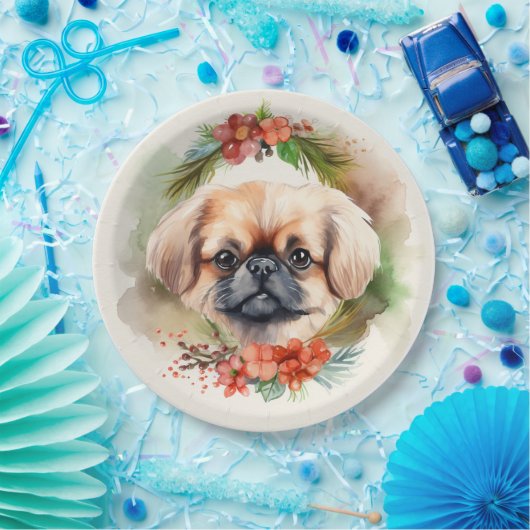 Pekingese kerstkrans feestelijke pup papieren bordje (Feest)