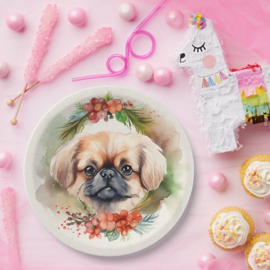 Pekingese kerstkrans feestelijke pup papieren bordje (Feest)