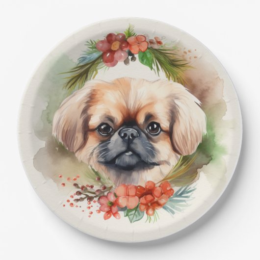 Pekingese kerstkrans feestelijke pup papieren bordje (Voorkant)
