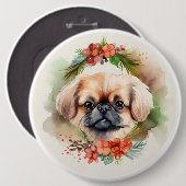 Pekingese kerstkrans feestelijke pup ronde button 6,0 cm (Voorkant /achterkant)
