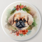Pekingese kerstkrans feestelijke pup ronde button 6,0 cm (Voorkant)