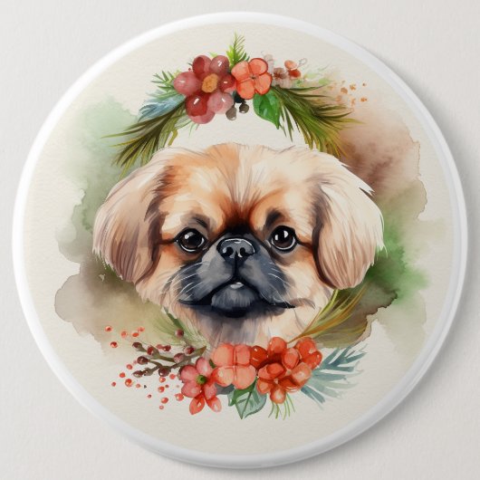 Pekingese kerstkrans feestelijke pup ronde button 6,0 cm (Voorkant)